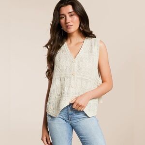 POL Cream Lace Button-Down Blouse